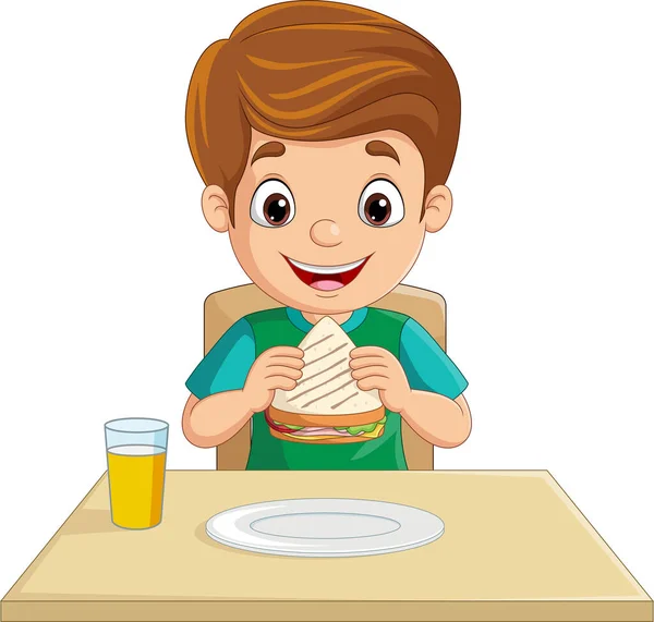 Vector Illustration Cartoon Little Boy Eating Bread — Vector de stock