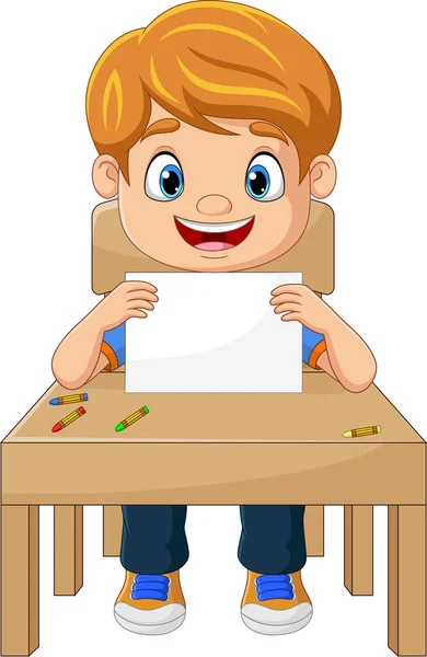 Vector Illustration Cartoon Little Boy Holding Blank Paper — Image vectorielle