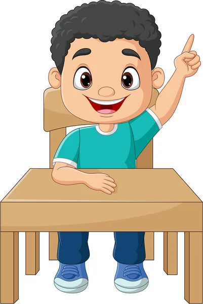 Εικονογράφηση Διάνυσμα Του Cartoon Μικρό Αγόρι Κάθεται Στο Τραπέζι Δείχνει — Διανυσματικό Αρχείο