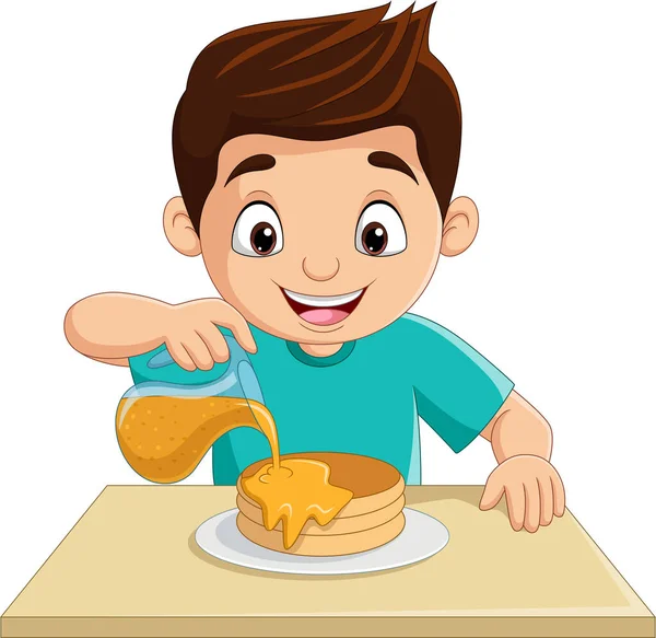 Vector Illustration Cartoon Little Boy Flowing Maple Syrup Pancakes — Stock vektor