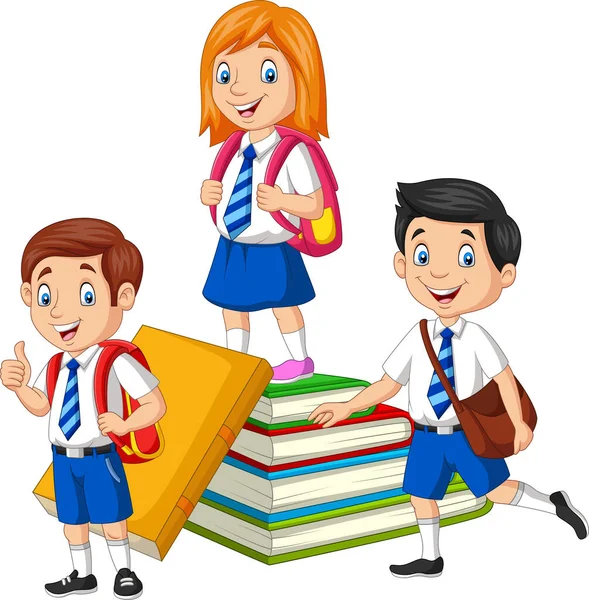 Vector Illustration Happy School Children Stack Book — Stok Vektör