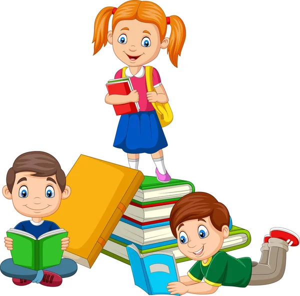 Ilustração Vetorial Crianças Escola Feliz Com Pilha Livro — Vetor de Stock
