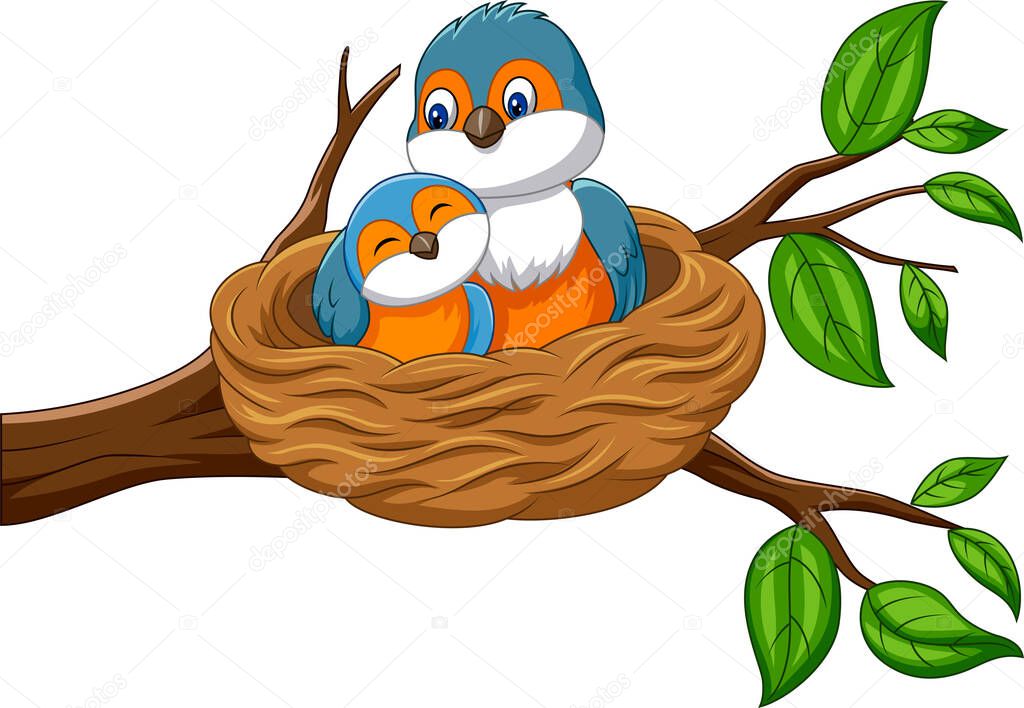 Vector illustration of Cartoon mother bird with her baby in the nest