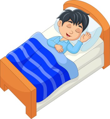 Vektör çizim karikatür gülümseme yatakta uyuyan küçük çocuk