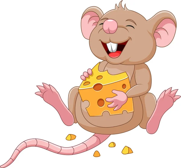 Vector Illustration Cartoon Mouse Holding Slice Cheese - Stok Vektor