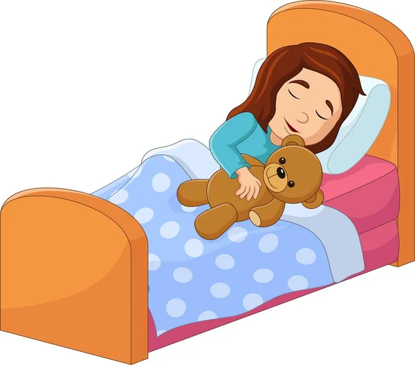 Illustration Vectorielle Cartoon Petite Fille Dormant Avec Ours Peluche — Image vectorielle