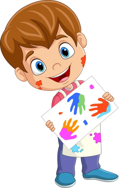 Vector Illustration Cartoon Little Boy Painting Colorful Handprints — Stock Vector