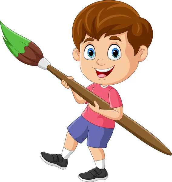 Vector Illustration Cartoon Little Boy Holding Big Paintbrush — Stock vektor