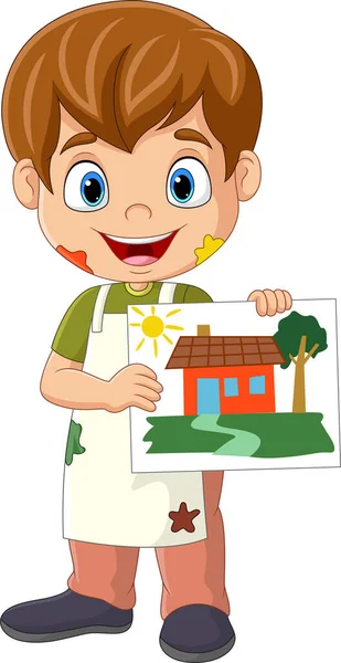 Vector Illustration Cartoon Little Boy Drawing House Paper — Vector de stoc