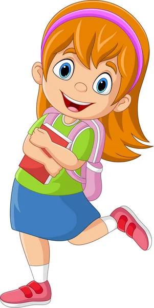 Vector Illustration Cartoon School Girl Book Backpack — Διανυσματικό Αρχείο