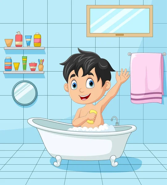 Vector Illustration Cartoon Little Boy Having Bath — Stock Vector