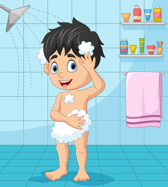 Vector Illustration Cartoon Little Boy Taking Bath — Stock Vector