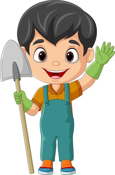 Vector Illustration Cartoon Little Farmer Holding Shovel — Stock Vector