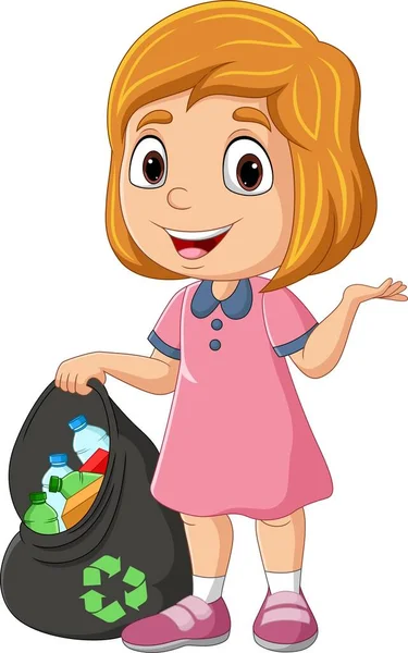 Vector Illustration Cartoon Girl Gathering Bottles Garbage Bag — Stock Vector