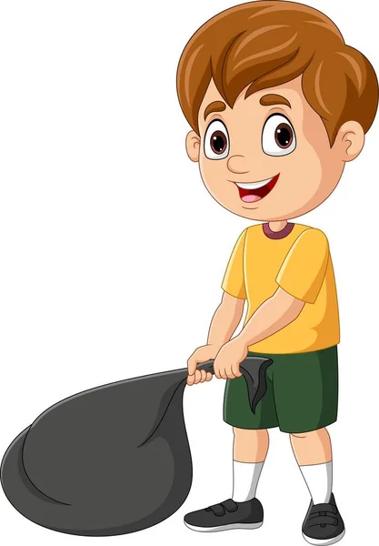Vector Illustration Cartoon Little Boy Holding Black Plastic Bag — Archivo Imágenes Vectoriales