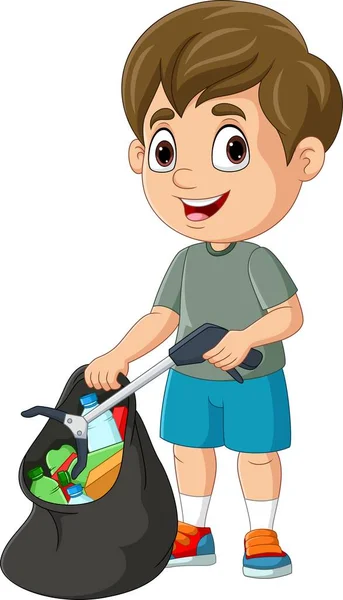 Ilustración Vectorial Cartoon Boy Recogiendo Basura Plástica Con Palo Arena — Vector de stock