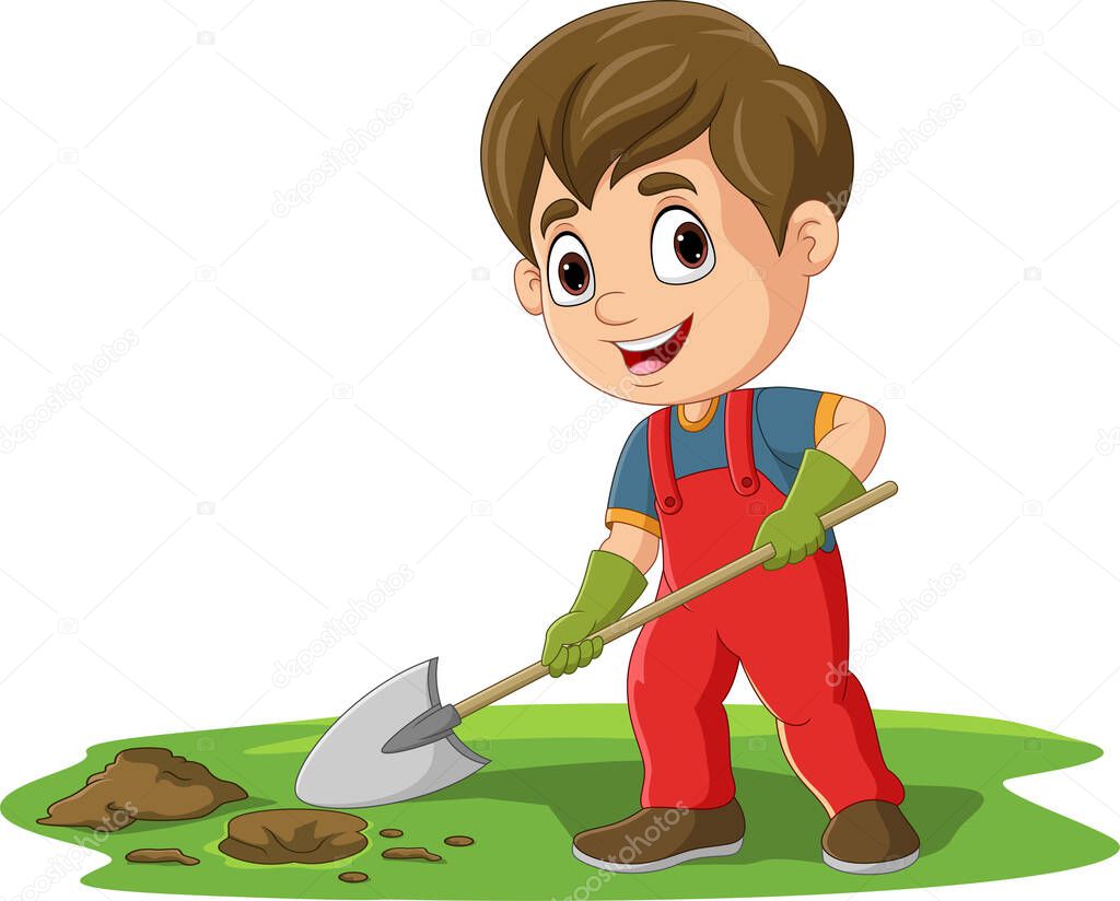 Vector illustration of Cartoon little boy digging hole with shovel