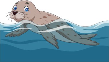 Okyanusta yüzen karikatür deniz aslanının vektör çizimi