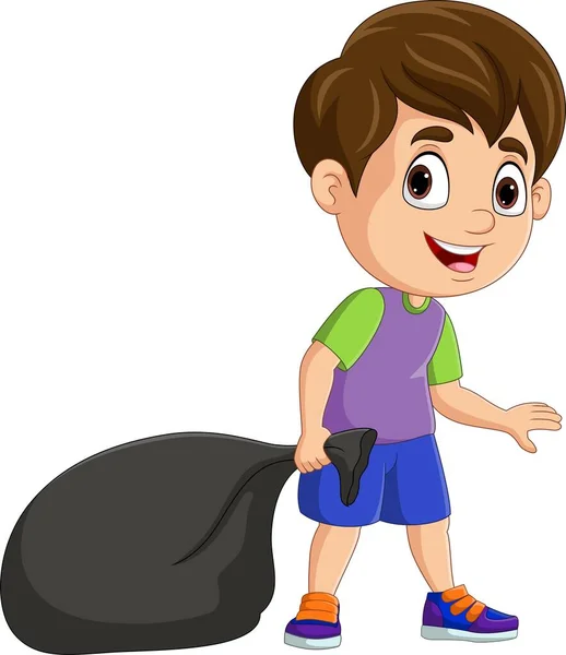 Vector Illustration Cartoon Little Boy Holding Black Plastic Bag — стоковый вектор