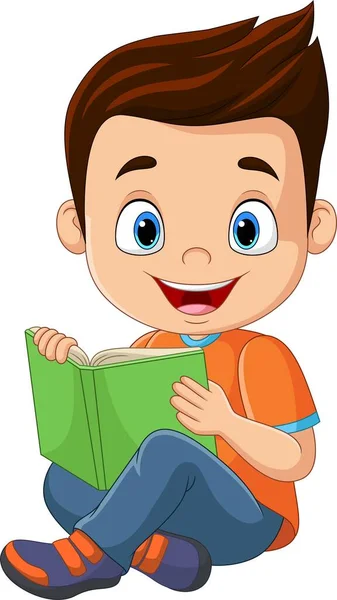漫画のベクトルイラスト小さな男の子座って本を読んで — ストックベクタ