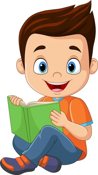 Vektor Ilustrasi Kartun Anak Kecil Duduk Dan Membaca Buku - Stok Vektor