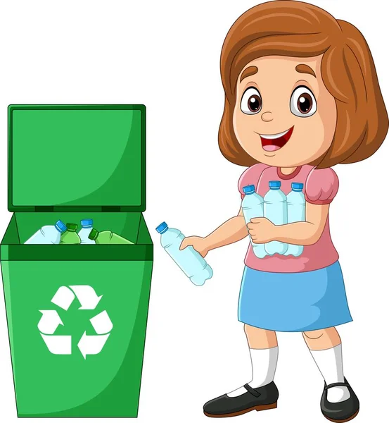 Vector Illustration Little Girl Throwing Trash Litter Bin — Stock Vector