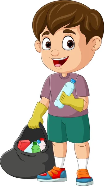 Ilustración Vectorial Cartoon Boy Recogiendo Basura Plástica — Vector de stock