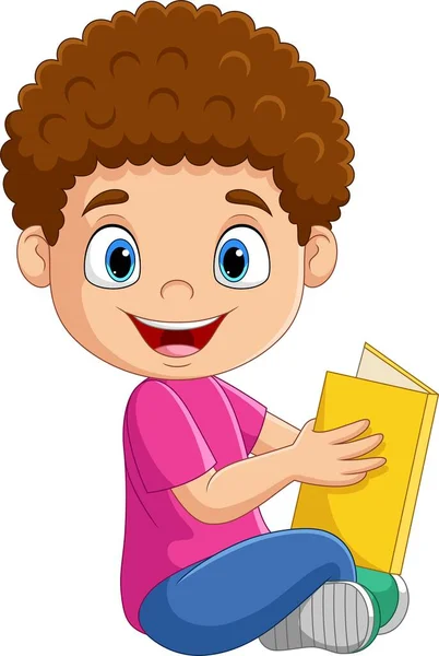 Ilustración Vectorial Del Niño Feliz Sentado Con Lectura Libro — Vector de stock