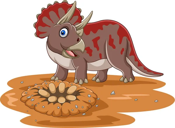 Vektorová Ilustrace Kresleného Triceratops Dinosaura Vejci Terénu — Stockový vektor