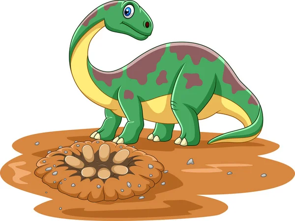 Ilustración Vectorial Del Dinosaurio Cartoon Brontosaurus Con Huevos Campo — Archivo Imágenes Vectoriales