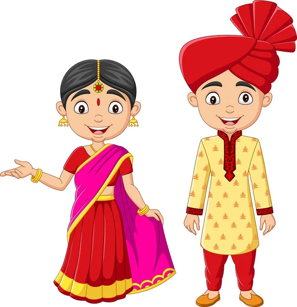 Vector Illustration Cartoon Indians Man Woman Traditional Costume — Stock Vector