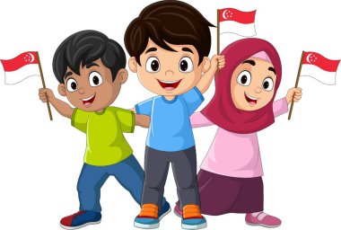 Singapur bayrağı taşıyan çocukların vektör illüstrasyonu