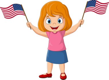 Vector illustration of Cute little girl holding an American flags