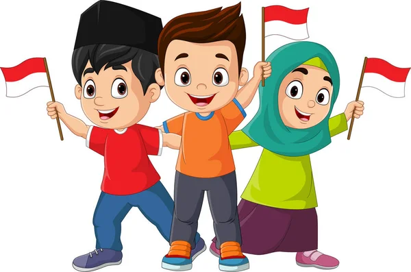 Ilustración Vectorial Del Grupo Niños Con Bandera Indonesia — Archivo Imágenes Vectoriales
