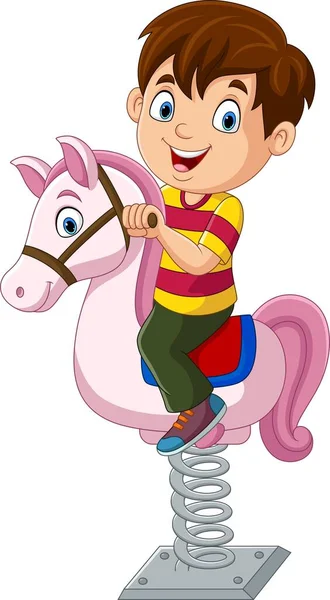 Vector Illustration Cute Little Boy Riding Rocking Horse — Archivo Imágenes Vectoriales