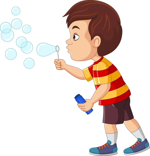 Vector Illustration Cartoon Little Boy Blowing Soap Bubbles — Stock vektor