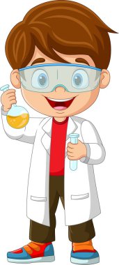 Vector illustration of Cartoon boy scientist holding a flask and test tube