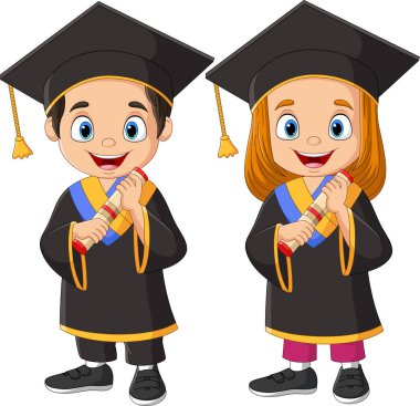 Karikatür mezuniyet töreninde ellerinde diploma olan çocukların vektör çizimi.