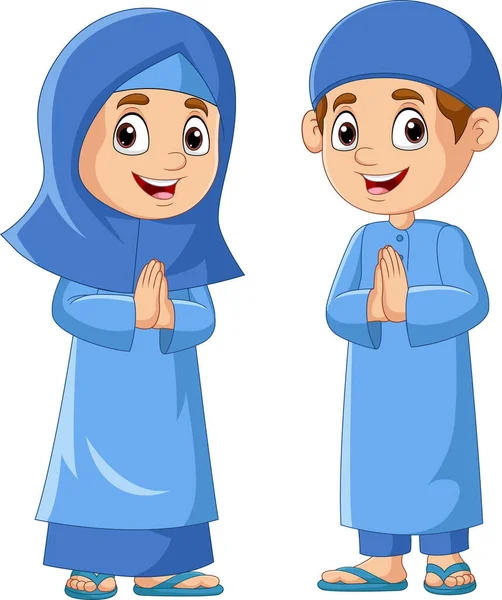 Vector Illustration Happy Muslim Girl Boy Cartoon — Stock Vector