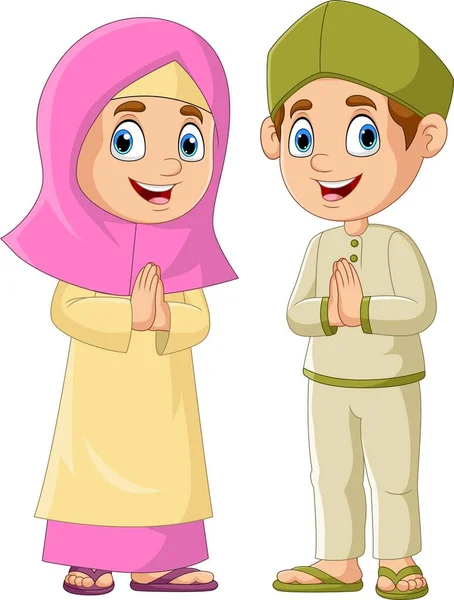 Vector Illustration Happy Muslim Girl Boy Cartoon — Stock Vector