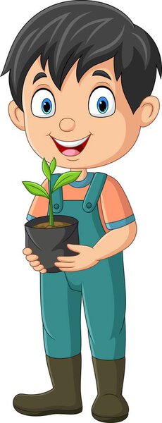 Vector illustration of Cute little gardener holding plants in pot