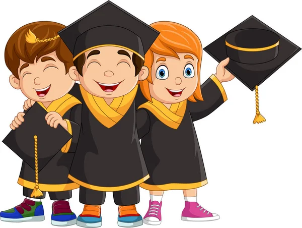 Ilustração Vetorial Crianças Graduação Cartoon Trajes Pretos — Vetor de Stock