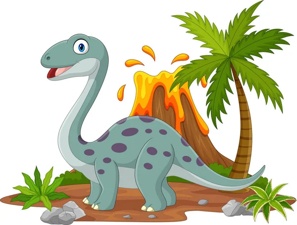 Illustrazione Vettoriale Del Dinosauro Brontosauro Dei Cartoni Animati Nella Giungla — Vettoriale Stock
