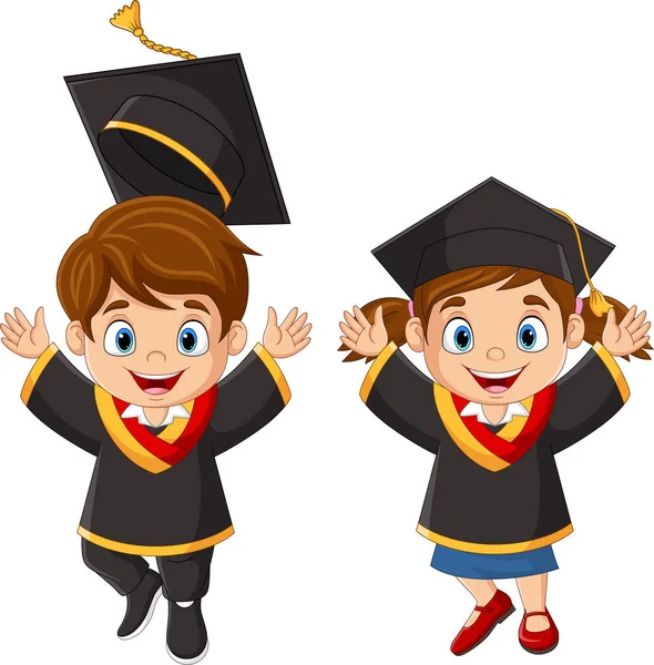 Εικονογράφηση Διάνυσμα Του Cartoon Χαρούμενα Παιδιά Κοστούμια Αποφοίτησης — Διανυσματικό Αρχείο