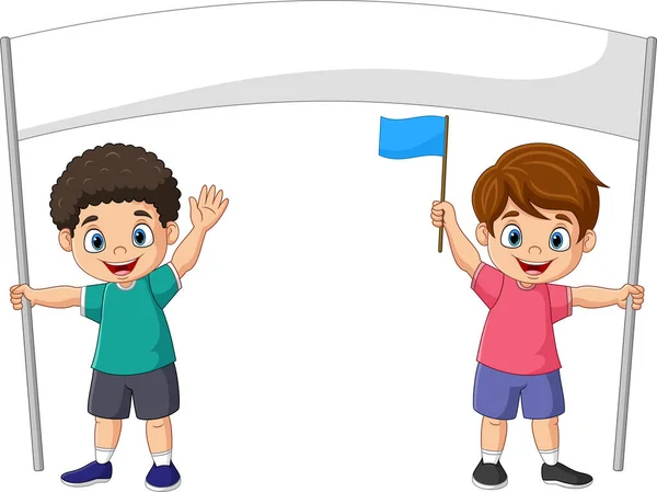 Vector Illustration Cartoon Children Holding Big Blank Flags - Stok Vektor