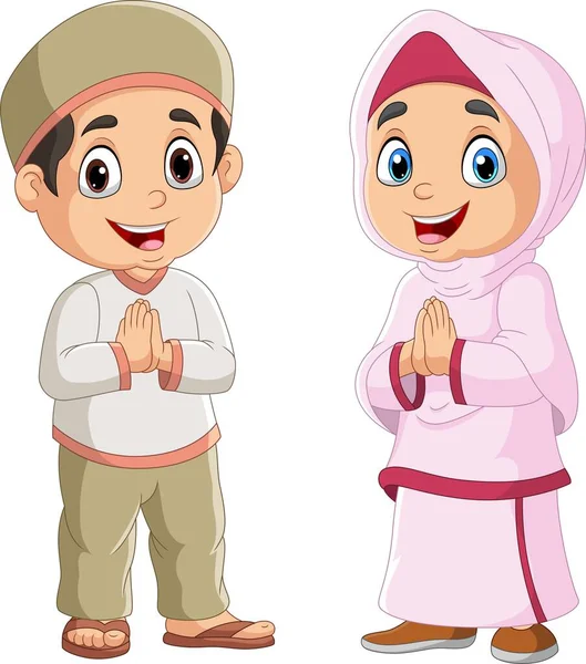 Vector Illustration Happy Muslim Man Woman Cartoon — Stock Vector