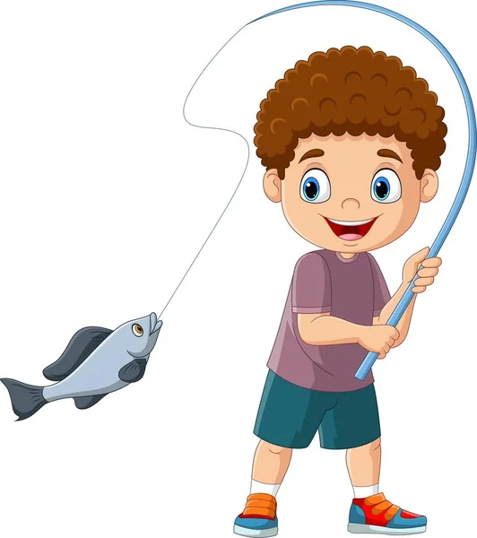 Vektor Illusztráció Rajzfilm Boldog Kisfiú Halászat — Stock Vector