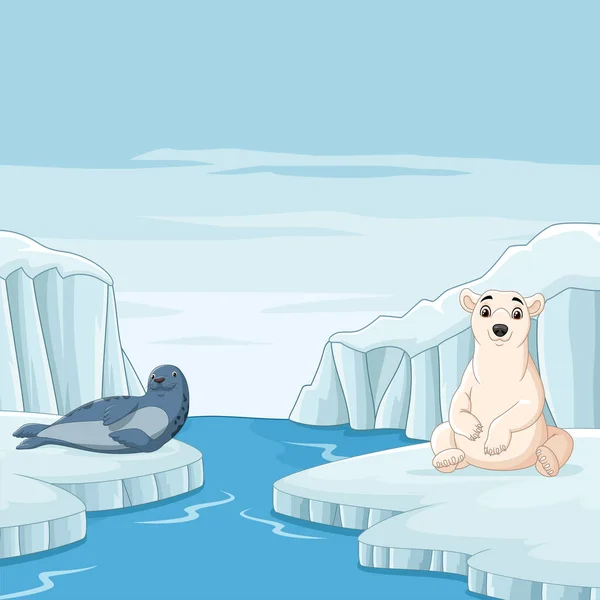Векторная Иллюстрация Уплотнения Мультфильма Белым Медведем Арктическом Фоне — стоковый вектор