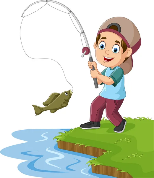 Vektor Ilustrasi Kartun Anak Kecil Memancing Danau - Stok Vektor