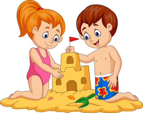 Vectorillustratie Van Kinderen Maken Zandkasteel Tropisch Strand — Stockvector